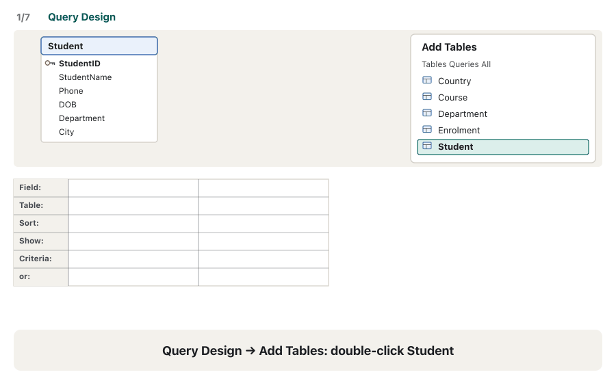 Seven frames of a query being built in Design view. 1: the Add Tables pane, Student is added. 2: StudentName, City and Department are double-clicked into the grid. 3: "IT" is typed in the Criteria row under Department. 4: "CS" is typed in the or row under Department. 5: Run — the datasheet shows six students: Aram, Shilan, Dilan, Hana, Soran and Hana. 6: back in Design view "Erbil" is typed under City on the first row only; Run now shows three students: Shilan, Hana and Soran, because the first row means IT AND Erbil, and the or row still brings every CS student. 7: SQL view shows WHERE ((Department="IT") AND (City="Erbil")) OR (Department="CS").