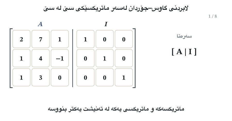 Eight frames of the augmented matrix [A | I] with A = rows (2, 7, 1), (1, 4, −1), (1, 3, 0). Each frame names the row operation and highlights the rows it changed: swap R1 and R2; R2 → R2 − 2R1 and R3 → R3 − R1; R2 → −R2; R1 → R1 − 4R2 and R3 → R3 + R2; R3 → −½R3; R1 → R1 − 11R3 and R2 → R2 + 3R3. In the last frame the left half is the identity matrix (green) and the right half (purple) is A⁻¹ with rows (−3/2, −3/2, 11/2), (1/2, 1/2, −3/2), (1/2, −1/2, −1/2).