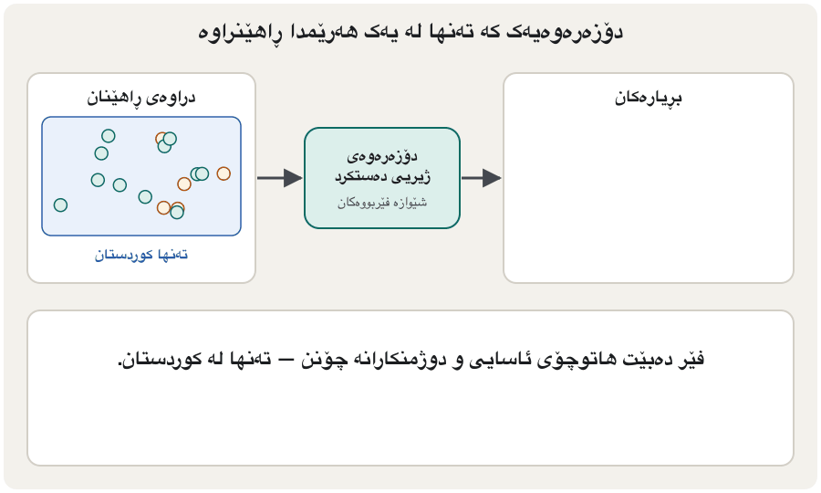 Animation: an AI detector is trained only on traffic from Kurdistan. It handles Kurdistan's traffic correctly. Then harmless traffic from elsewhere is flagged red as an attack (false positive), and a real attack from elsewhere passes as normal (false negative). The team retrains it with data from both places and checks its errors for each region; now both are handled correctly.