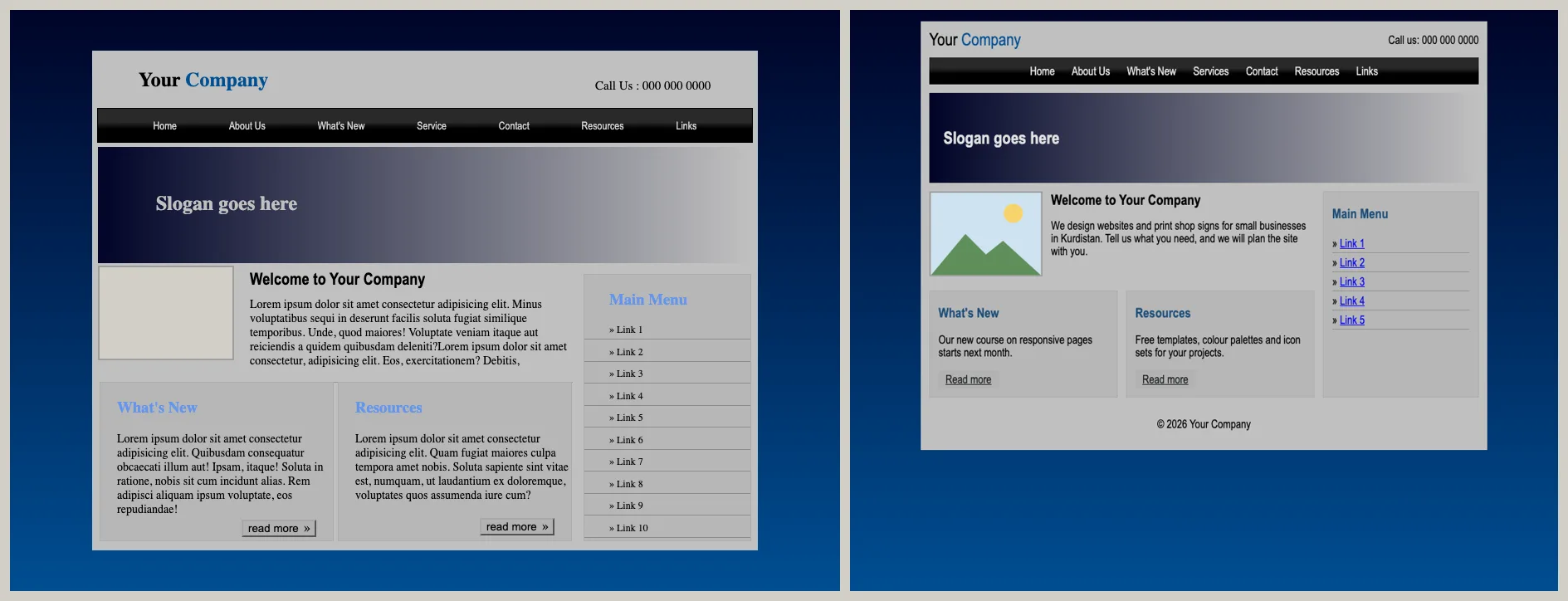 Two screenshots side by side. Left, the original test page in an 800 by 600 pixel grey box centred on a dark blue gradient; it looks tidy at this one window size, but every box is placed by hand with absolute positions and negative margins, and the text is Latin filler. Right, the rebuilt grid page: header, a black navigation bar, a banner, a welcome box with a small landscape drawing, a grey Main Menu on the right with » bullets, two boxes under the welcome text and a footer, all lined up.