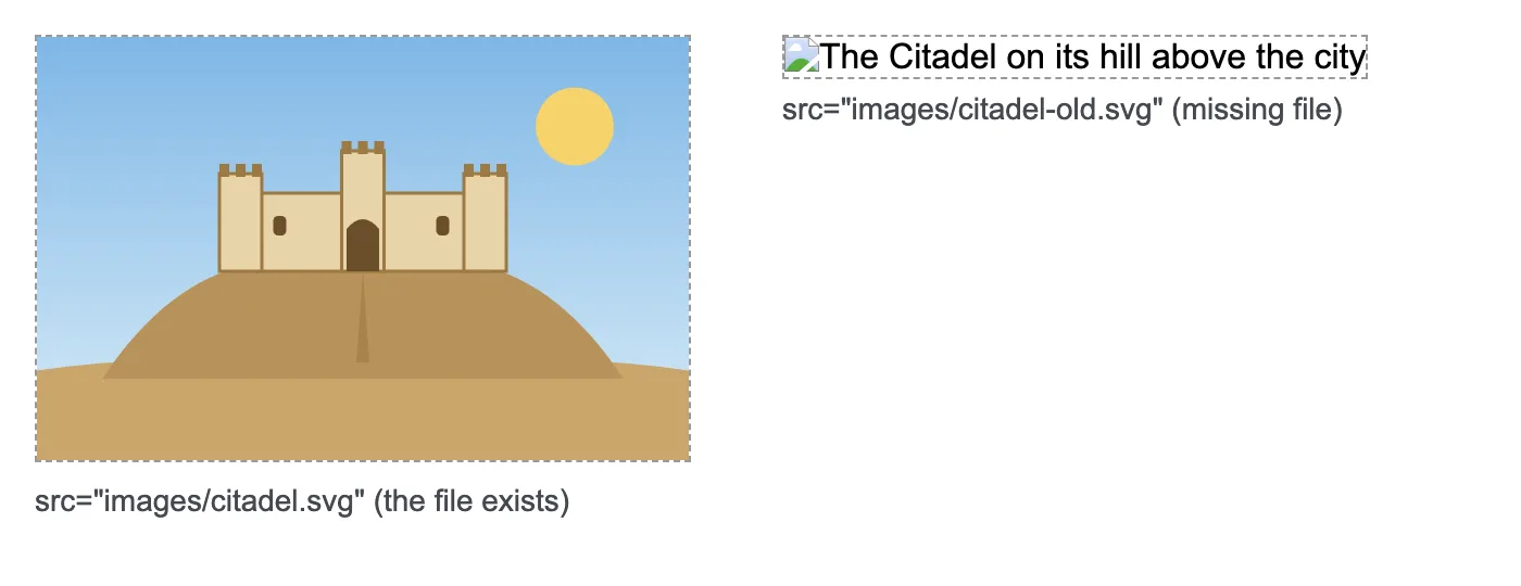 Two figures side by side in a browser. Left: the Citadel drawing loads normally. Right: the image file is missing, so the browser shows a small broken-image icon and the alt text: The Citadel on its hill above the city.