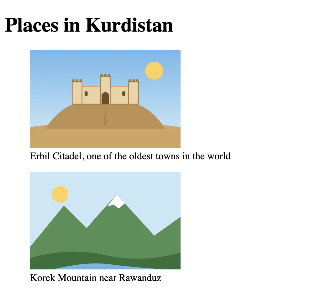 A page titled Places in Kurdistan with two pictures one under the other: a drawing of Erbil Citadel and a drawing of green mountains, each with a caption under it. Each picture is a link.