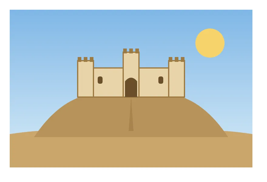 A browser window showing a flat drawing of Erbil Citadel: a round hill with a light wall on top and a gate in the middle, under a blue sky. The picture is 400 by 260 pixels.