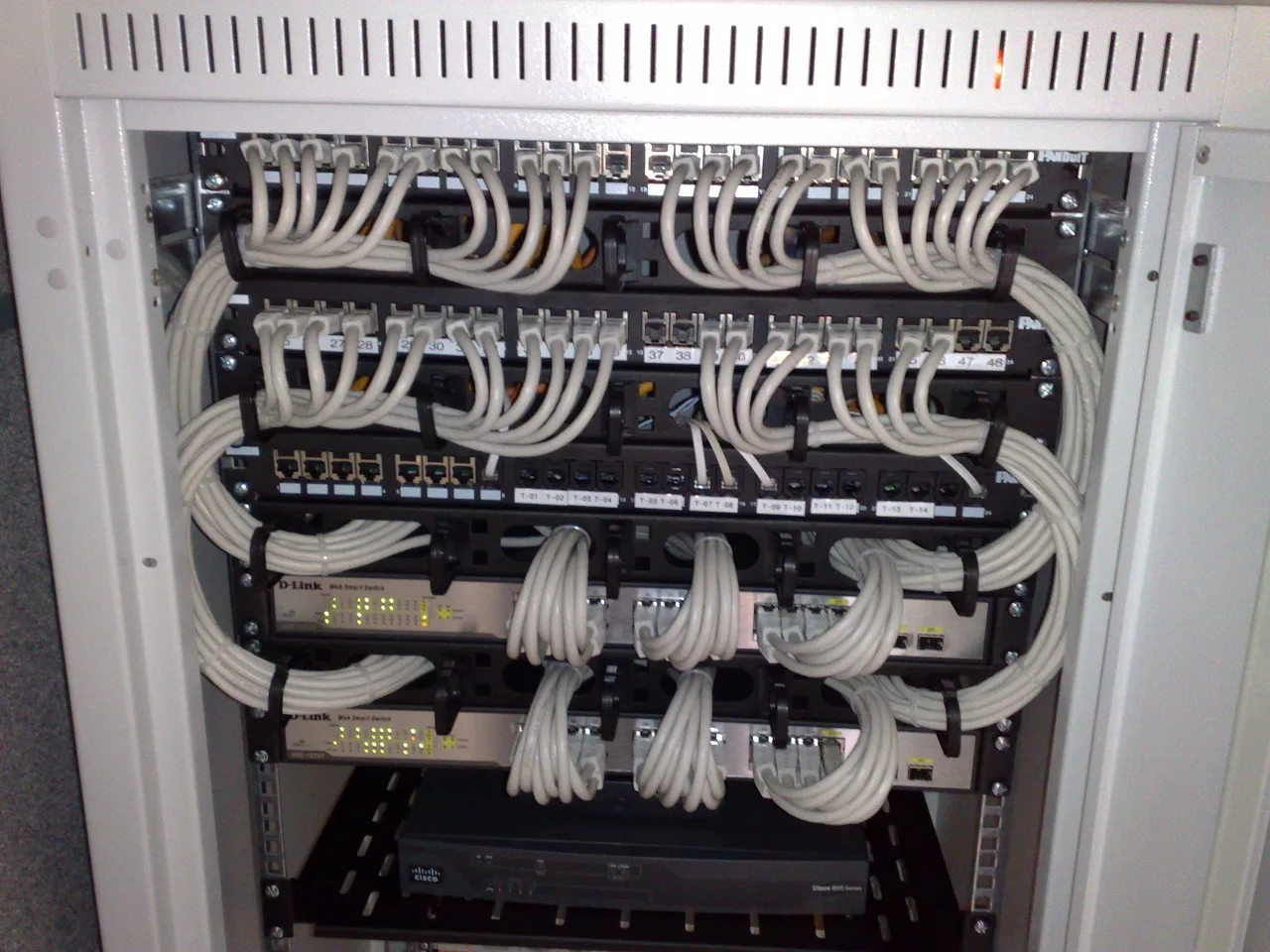 A metal rack holding network switches and patch panels, with many grey network cables plugged into rows of ports.