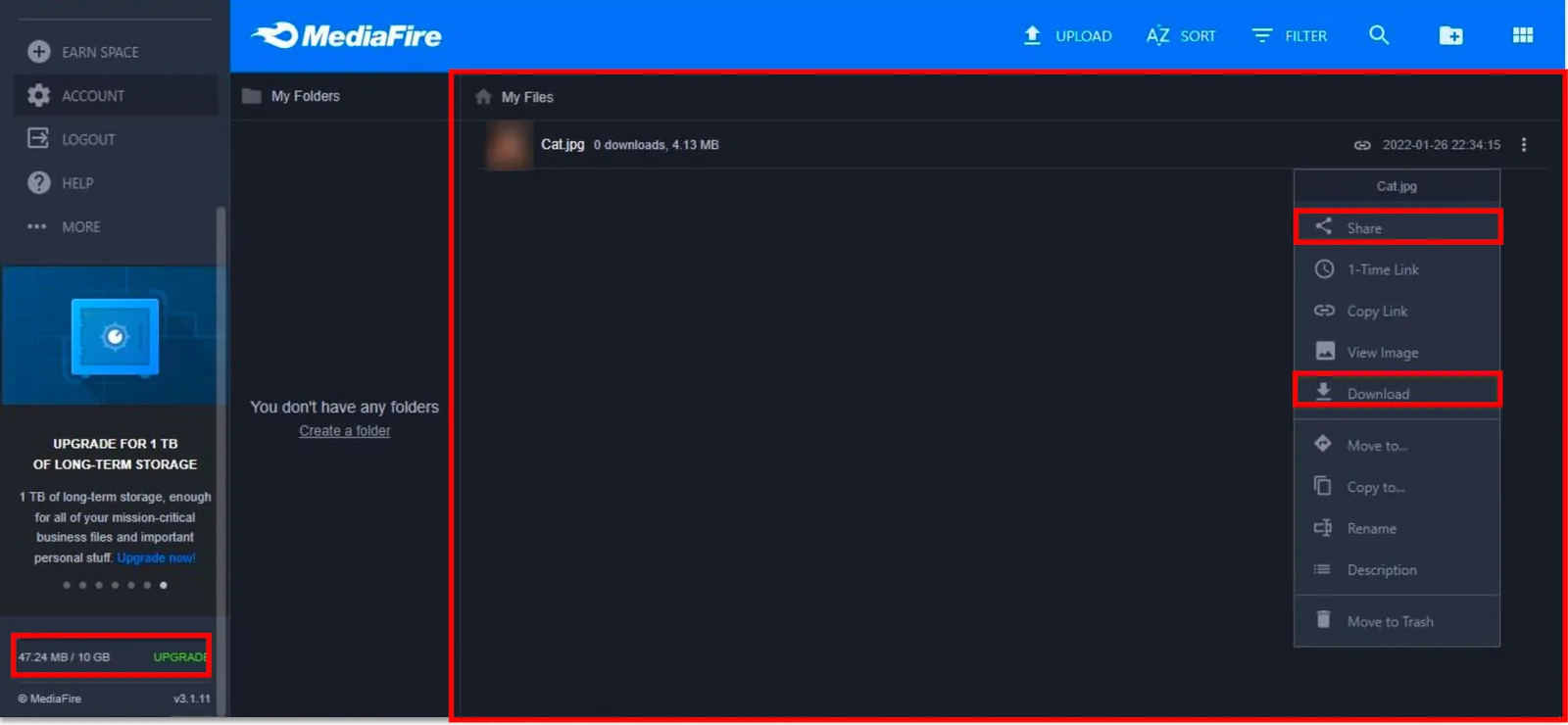 Screenshot of the MediaFire web app in 2022, cropped. On the left: Earn space, Account, Logout, Help, More, an upgrade advert and the storage meter «47.24 MB / 10 GB», boxed in red. In the middle: My Folders, empty. On the right, boxed in red: My Files with one file, Cat.jpg, 0 downloads, 4.13 MB, and its open menu with Share and Download boxed: Share, 1-Time Link, Copy Link, View Image, Download, Move to, Copy to, Rename, Description, Move to Trash.