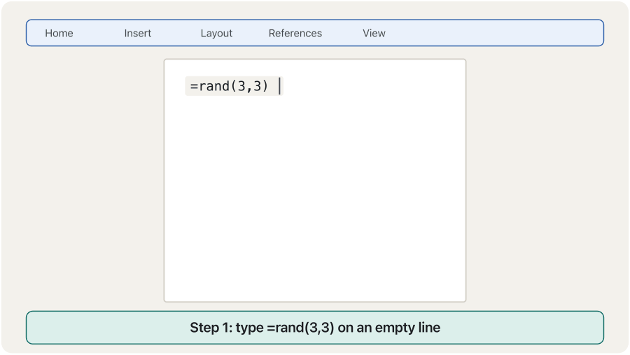 An animation in six steps on a page in Word. One: =rand(3,3) is typed on an empty line. Two: after Enter, three sample paragraphs appear. Three: a title is typed above the first paragraph and Heading 1 is applied with Ctrl+Alt+1. Four: all three titles use Heading 1. Five: on the References tab, Table of Contents opens and Automatic Table 1 is chosen. Six: a table of contents with the three headings and their page numbers appears at the top of the page.