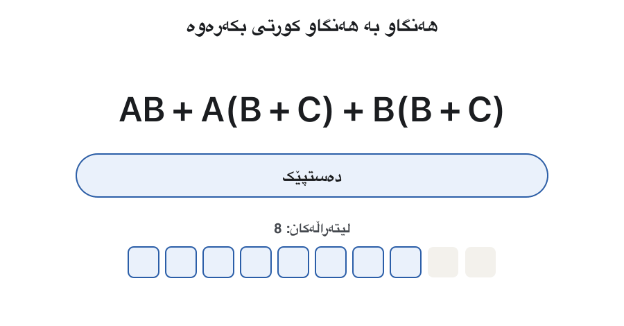 Animation of AB + A(B + C) + B(B + C) being simplified. A row of ten small boxes counts the literals. Start: 8 literals. The distributive law multiplies out the brackets: AB + AB + AC + BB + BC, 10 literals. Rule 7 turns BB into B: 9 literals. Rule 5 removes the repeated AB: 7 literals. Rule 10 lets B absorb AB and BC, which fade out. The result B + AC has 3 literals, and the last frame says 2 gates instead of 5.