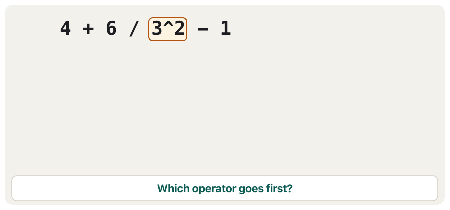 Animation: the expression 4+6/3^2-1 is worked out one step at a time. First 3^2 becomes 9, then 6/9 becomes 0.6667, then 4+0.6667 becomes 4.6667, and finally 4.6667-1 gives 3.6667.