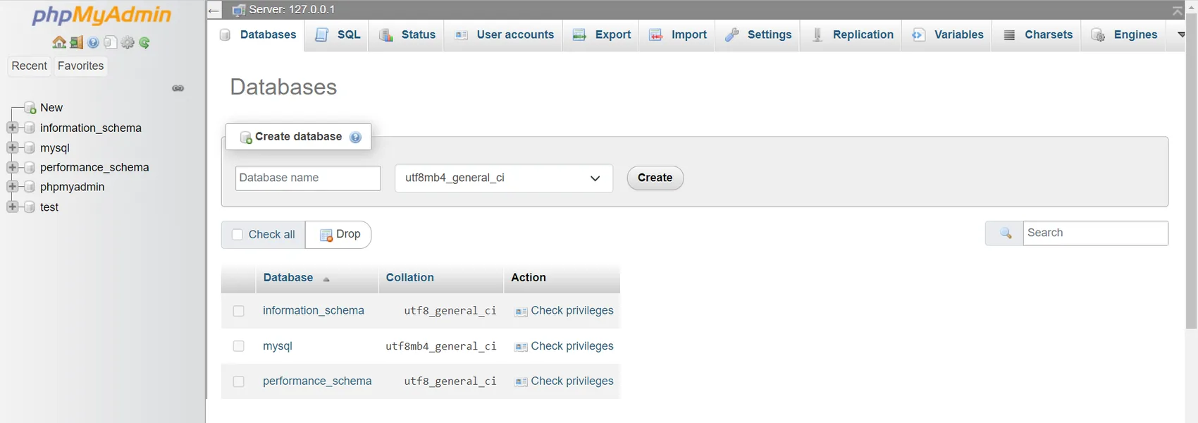 The Databases tab of phpMyAdmin. A "Create database" box contains an empty "Database name" field, a collation drop-down set to utf8mb4_general_ci and a Create button. Below it is the list of databases (information_schema, mysql, performance_schema) with their collations and "Check privileges" links.