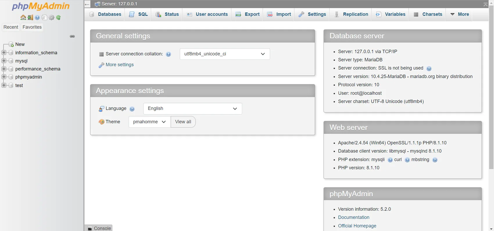 The phpMyAdmin 5.2 home page. Left: the phpMyAdmin logo, a "New" link and a list of databases (information_schema, mysql, performance_schema, phpmyadmin and test). Top: tabs Databases, SQL, Status, User accounts, Export, Import, Settings and more. Middle: General settings (server connection collation utf8mb4_unicode_ci) and Appearance settings. Right: Database server panel (Server type MariaDB, version 10.4.25, user root@localhost, charset UTF-8 utf8mb4) and Web server panel (Apache 2.4.54, PHP 8.1.10, extensions mysqli, curl, mbstring).
