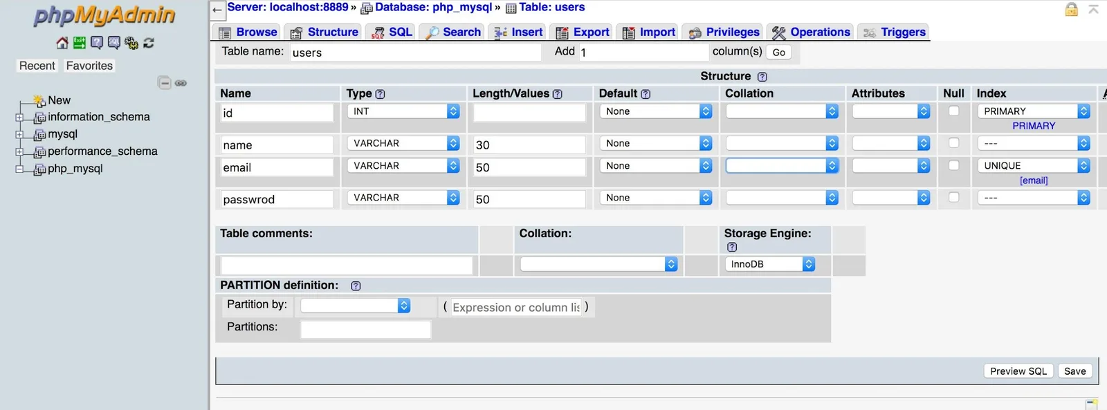 The older phpMyAdmin structure form for table users in database php_mysql. Rows: id INT with Index PRIMARY; name VARCHAR length 30; email VARCHAR length 50 with Index UNIQUE [email]; and a fourth column spelled "passwrod", VARCHAR length 50. Default is None for all. Storage Engine InnoDB; buttons Preview SQL and Save. The A_I column is cut off at the right edge.