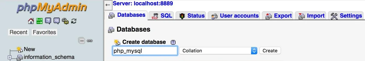 An older phpMyAdmin (4.7) running in MAMP ("Server: localhost:8889"). The Databases tab shows the "Create database" field filled in with php_mysql, a Collation drop-down and a Create button. On the left is the database tree with New and information_schema.