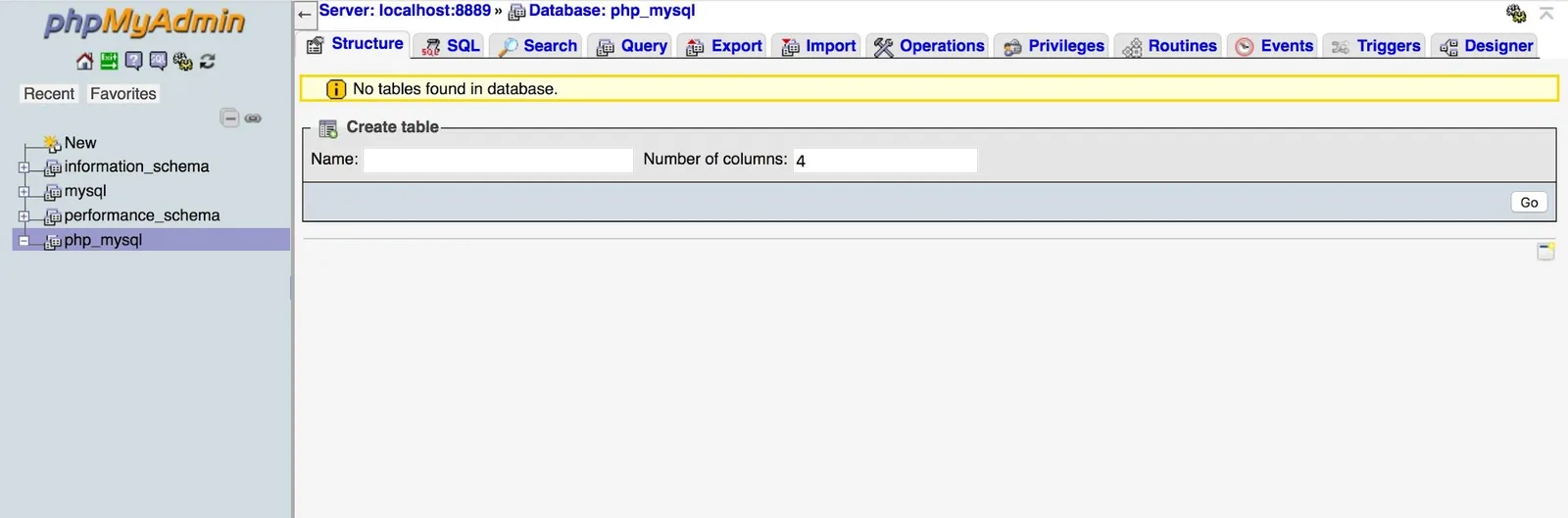 The database php_mysql is open in the older phpMyAdmin. A yellow note says "No tables found in database." The "Create table" box has an empty Name field, Number of columns 4 and a Go button.