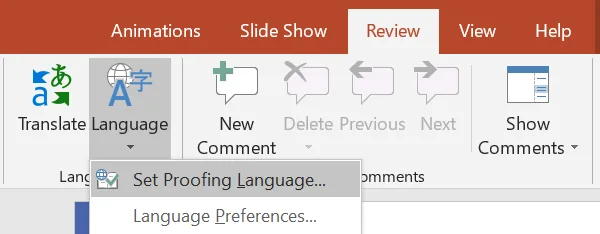 Part of the Review tab: the Translate and Language buttons, the Language menu open with Set Proofing Language… and Language Preferences…, and the Comments group with New Comment, Delete, Previous, Next and Show Comments.