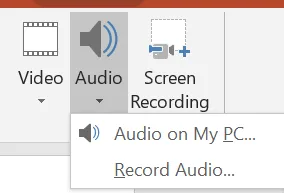 The Media group with the Audio menu open: Audio on My PC… and Record Audio….