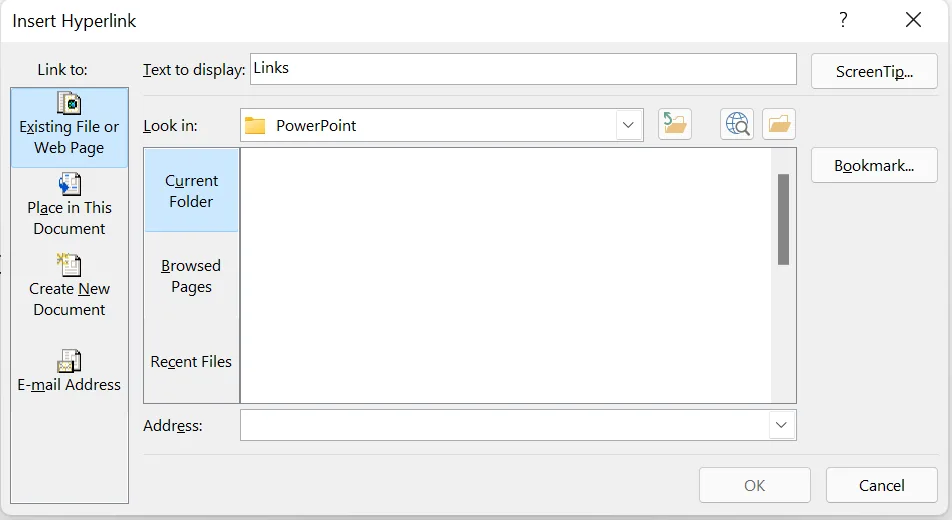 The Insert Hyperlink dialog box. On the left, under Link to: Existing File or Web Page (selected), Place in This Document, Create New Document and E-mail Address. At the top: Text to display, “Links”, and a ScreenTip… button. In the middle: Look in, the file list (its file names are hidden here) and the buttons Current Folder, Browsed Pages and Recent Files. At the bottom: the Address box, OK and Cancel.