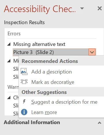 The Accessibility Checker pane in PowerPoint 2019. Under Inspection Results, Errors, the issue Missing alternative text is open and lists Picture 3 (Slide 2). Its menu shows Recommended Actions (Add a description, Mark as decorative) and Other Suggestions (Suggest a description for me, Learn more).