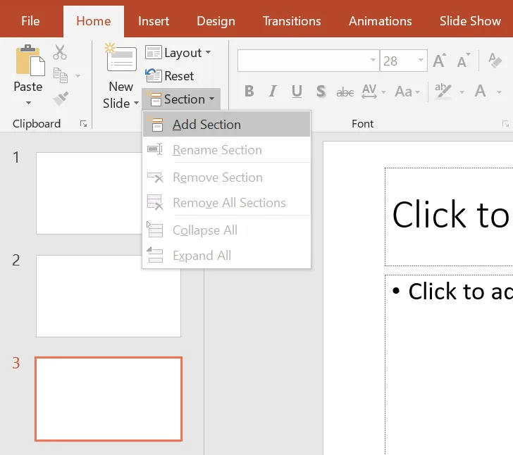 PowerPoint 2019 with the Home tab open. The Section button in the Slides group is open and lists Add Section, Rename Section, Remove Section, Remove All Sections, Collapse All and Expand All. Only Add Section is active. Three empty slides are in the thumbnail pane.