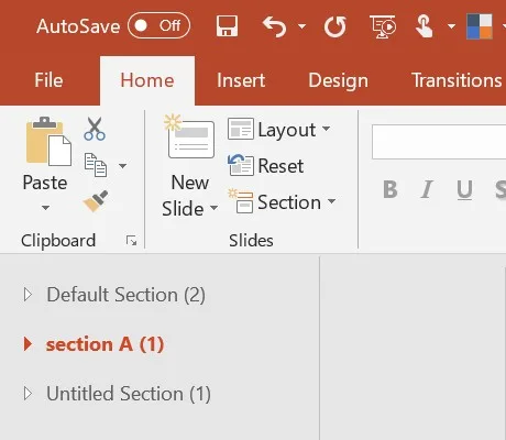 PowerPoint 2019 Home tab above the thumbnail pane, where three collapsed sections are listed: Default Section (2), section A (1) and Untitled Section (1). Each name has a small triangle in front of it.