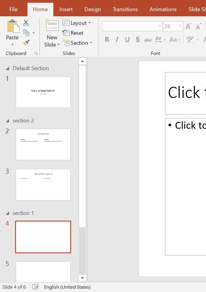 The thumbnail pane of a six-slide presentation in PowerPoint 2019: Default Section with slide 1 titled New presentation, section 2 with slides 2 and 3 titled Comparison and Title of the subject, and section 1 with slides 4 and 5. The status bar says Slide 4 of 6.