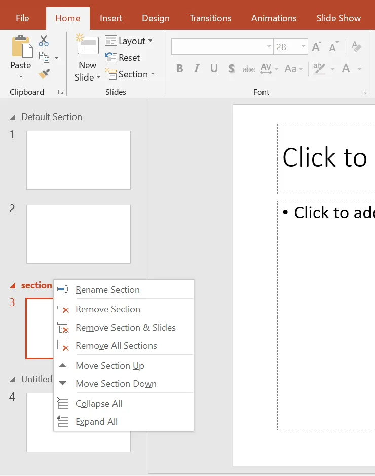 PowerPoint 2019 Home tab and thumbnail pane with Default Section, a selected section and an Untitled Section. The right-click menu of the selected section shows Rename Section, Remove Section, Remove Section & Slides, Remove All Sections, Move Section Up, Move Section Down, Collapse All and Expand All.