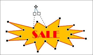 An orange-and-yellow explosion shape with the word SALE, in Edit Points mode. Black square points sit at every corner of the outline. One point at the top shows two white square handles on dashed lines.