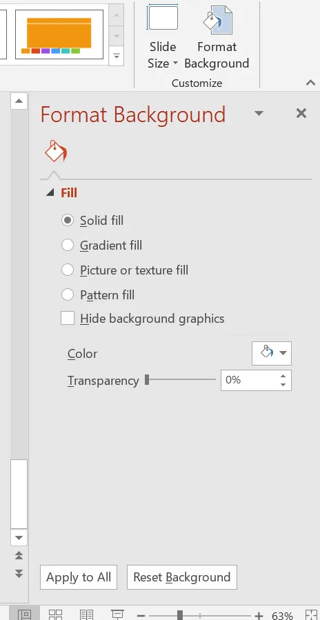 The Format Background pane under the Design tab's Customize group. Under Fill: Solid fill (selected), Gradient fill, Picture or texture fill, Pattern fill and a check box Hide background graphics; then Color and a Transparency slider at 0%. At the bottom: the buttons Apply to All and Reset Background.