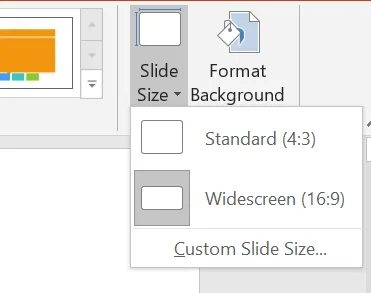 The Slide Size button open on the Design tab, with the choices Standard (4:3), Widescreen (16:9), which is selected, and Custom Slide Size…. Format Background is next to it.
