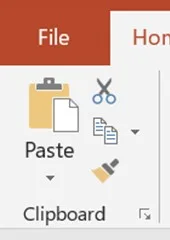 Close-up of the Clipboard group in an older PowerPoint: a large Paste button, and three small buttons for Cut (scissors), Copy and the Format Painter (a paintbrush).