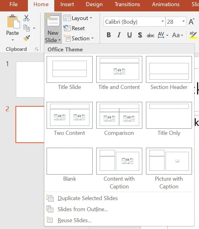 The New Slide gallery headed Office Theme, with nine layouts: Title Slide, Title and Content, Section Header, Two Content, Comparison, Title Only, Blank, Content with Caption and Picture with Caption. Under them: Duplicate Selected Slides, Slides from Outline and Reuse Slides.