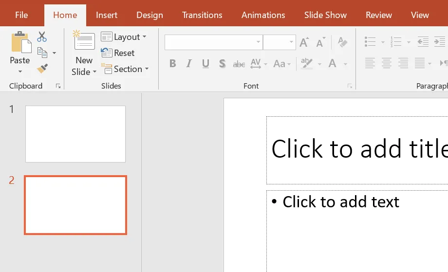 The Home tab of an older PowerPoint with the Clipboard, Slides and Font groups. Below it, the thumbnail pane shows slides 1 and 2. Slide 2 is selected and the slide pane shows its Title and Content layout: Click to add title and a bullet with Click to add text.