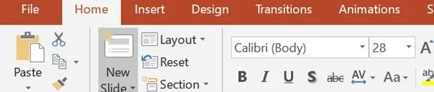 Close-up of the Home tab in an older PowerPoint: the Clipboard group, then the Slides group with the New Slide button and the Layout, Reset and Section buttons, then the start of the Font group.
