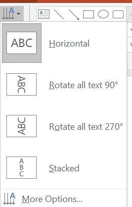 The Text Direction menu with four choices, each with a small picture of ABC: Horizontal, Rotate all text 90°, Rotate all text 270° and Stacked, and More Options at the bottom.