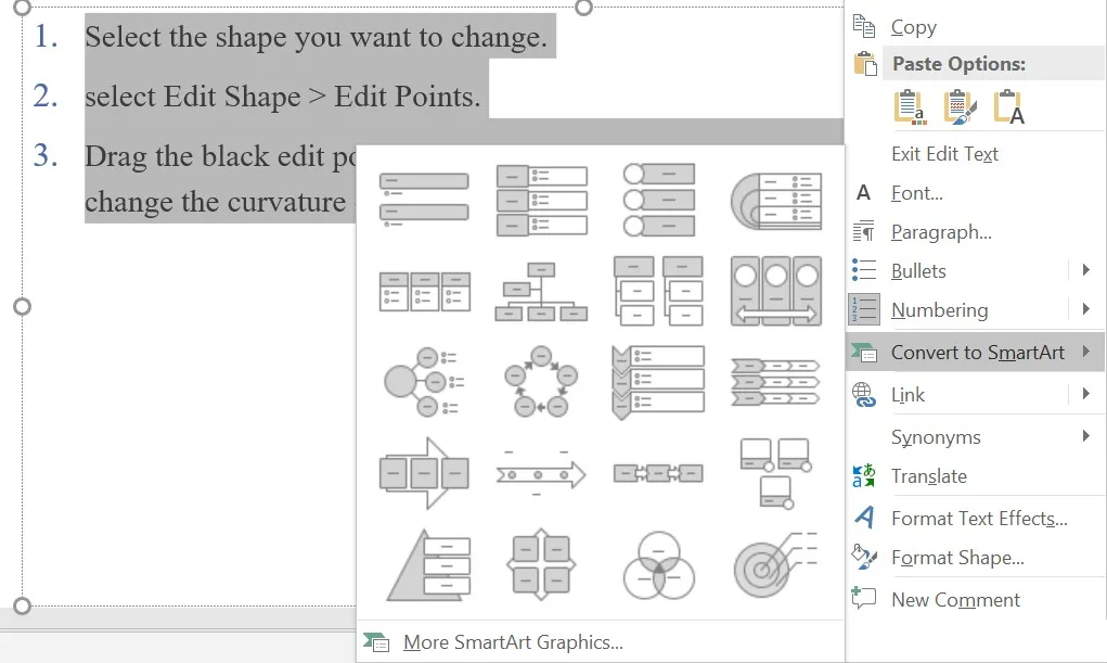 A numbered list on a slide is selected. The right-click menu is open with Convert to SmartArt highlighted, and next to it is a gallery of SmartArt layouts with More SmartArt Graphics… at the bottom.