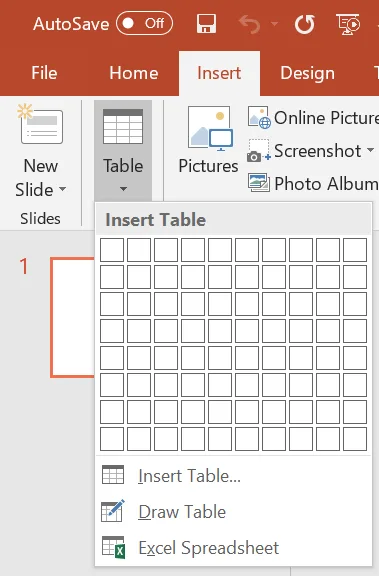 PowerPoint 2019 Insert tab with the Table menu open: a grid of 10 by 8 small squares under the heading Insert Table, and below it Insert Table..., Draw Table and Excel Spreadsheet.