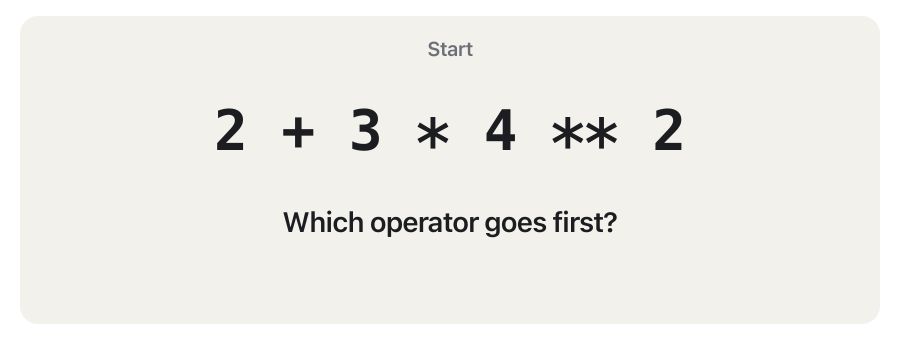 Animation: the expression 2 + 3 * 4 ** 2 is evaluated step by step. First 4 ** 2 is highlighted and becomes 16. Then 3 * 16 is highlighted and becomes 48. Then 2 + 48 becomes 50, the result.