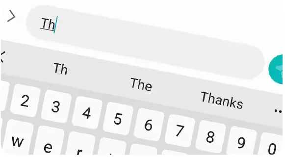 Screenshot of a phone keyboard. The text box shows "Th" with the cursor after it. The suggestion bar above the number keys shows three words: Th, The and Thanks.