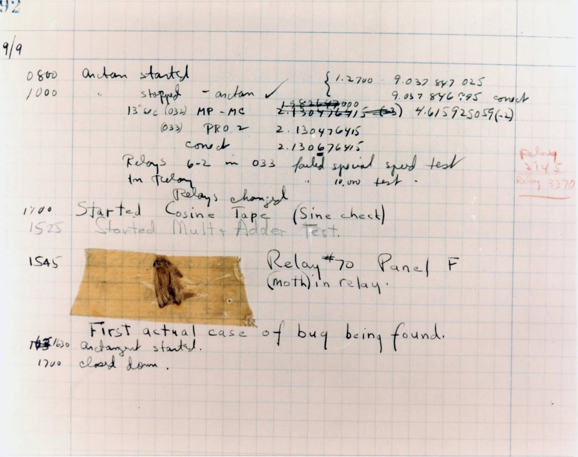 A page from a 1947 logbook with handwritten notes. A real moth is taped to the page next to the words 'First actual case of bug being found'.