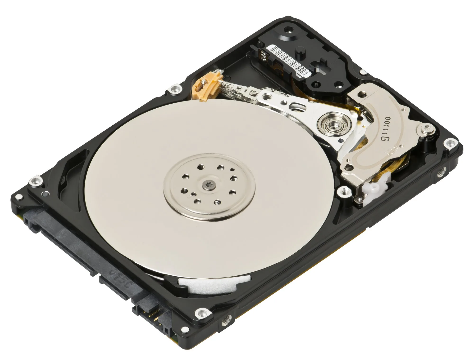 An opened 2.5-inch laptop hard disk drive: a shiny round platter and the read/write arm above it.