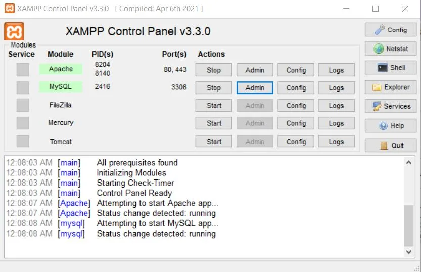 XAMPP Control Panel v3.3.0 after starting. Apache is green with two PIDs and ports 80, 443. MySQL is green with one PID and port 3306. Their buttons now say Stop, and Admin is active. FileZilla, Mercury and Tomcat are not running. The log ends with Attempting to start MySQL app and Status change detected: running.