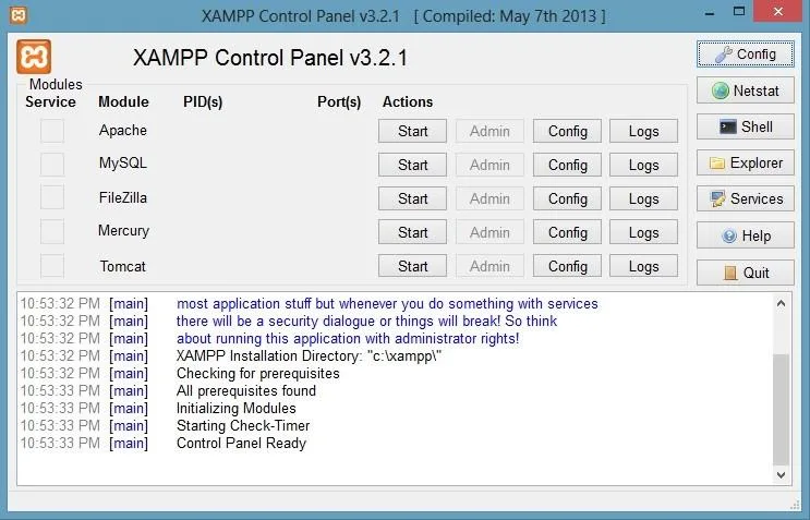 XAMPP Control Panel v3.2.1 before anything is started. Columns: Service, Module, PID(s), Port(s), Actions. Modules Apache, MySQL, FileZilla, Mercury and Tomcat each have Start, Admin (greyed out), Config and Logs buttons. On the right: Config, Netstat, Shell, Explorer, Services, Help, Quit. The log at the bottom says to think about running the application with administrator rights, shows the installation directory c:xampp, and ends with Control Panel Ready.