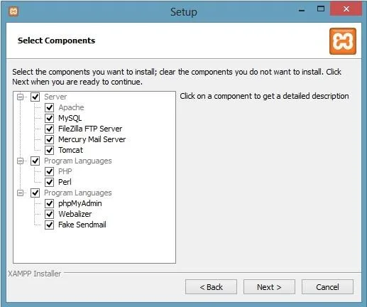 XAMPP installer, Select Components screen. Server group: Apache (grey, always installed), MySQL, FileZilla FTP Server, Mercury Mail Server, Tomcat. Program Languages group: PHP (grey), Perl. A third group, also labelled Program Languages: phpMyAdmin, Webalizer, Fake Sendmail. All boxes are ticked. Buttons: Back, Next, Cancel.