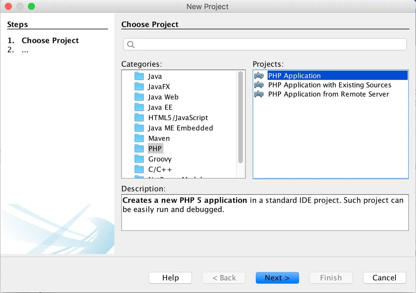 NetBeans New Project dialog, step 1 Choose Project. Categories list with PHP selected. Projects list: PHP Application (selected), PHP Application with Existing Sources, PHP Application from Remote Server. Description: Creates a new PHP 5 application in a standard IDE project. Buttons: Help, Back, Next, Finish, Cancel.
