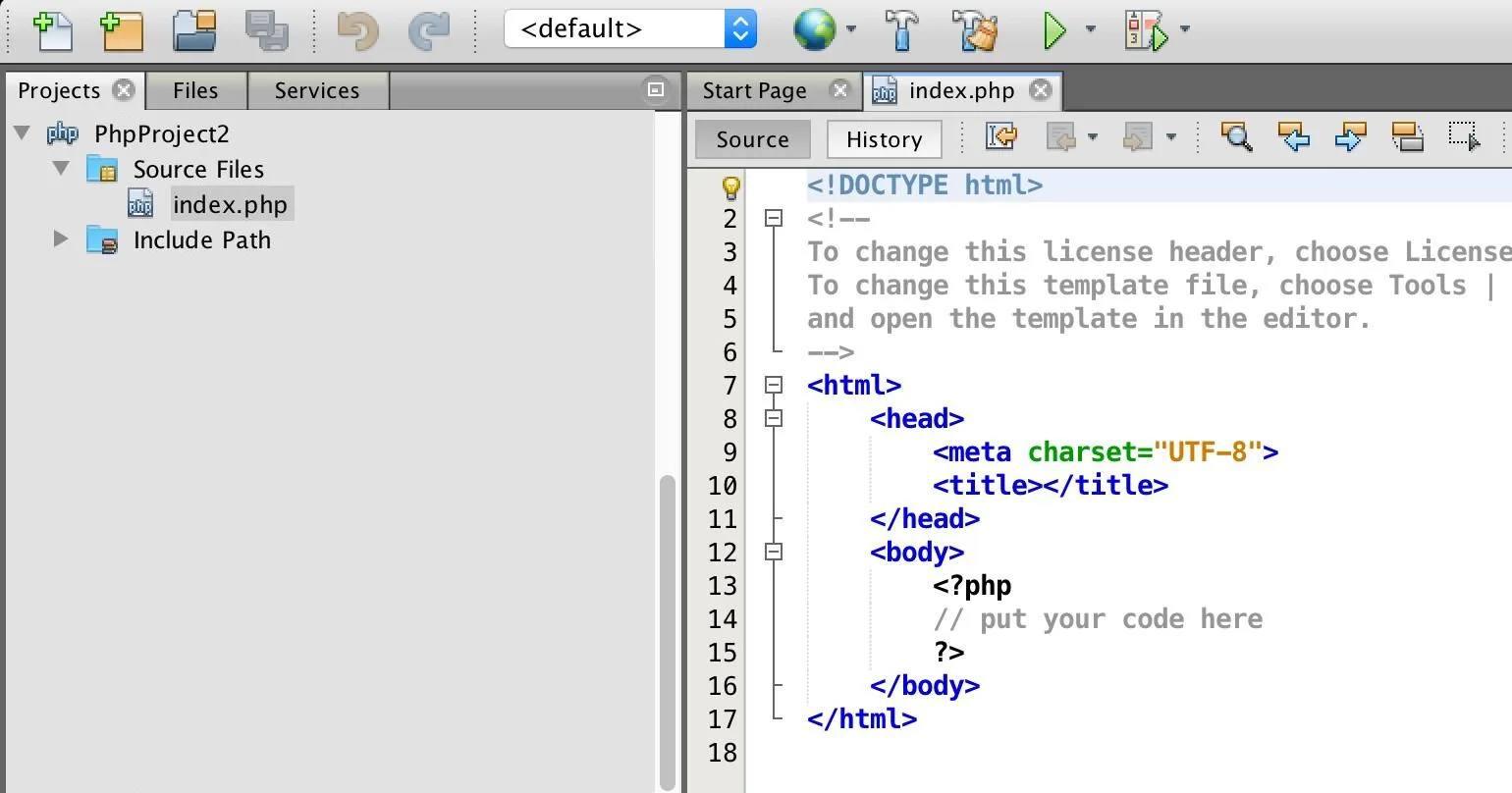 NetBeans window. Left: the Projects panel with PhpProject2, Source Files, index.php and Include Path. Right: index.php open in the editor, showing an HTML page with DOCTYPE, a comment about the license header, head with meta charset UTF-8 and an empty title, and a body that contains a PHP block with the comment put your code here. The toolbar at the top includes the green Run Project triangle.