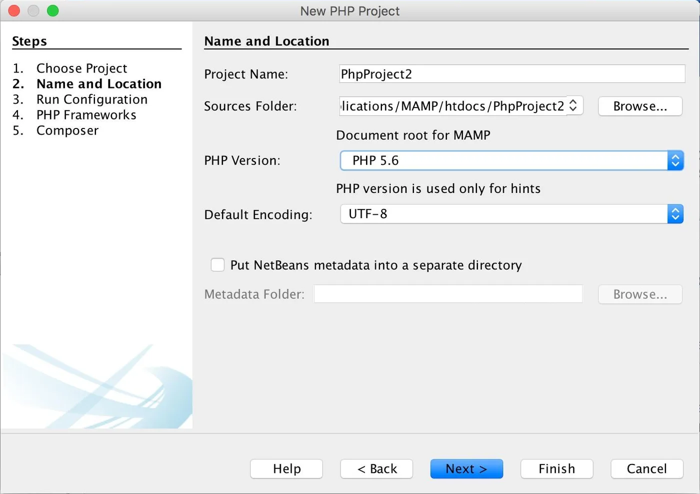 NetBeans New PHP Project dialog, step 2 Name and Location. Project Name: PhpProject2. Sources Folder: .../Applications/MAMP/htdocs/PhpProject2, with the note Document root for MAMP. PHP Version: PHP 5.6, with the note PHP version is used only for hints. Default Encoding: UTF-8. The checkbox Put NetBeans metadata into a separate directory is unticked.