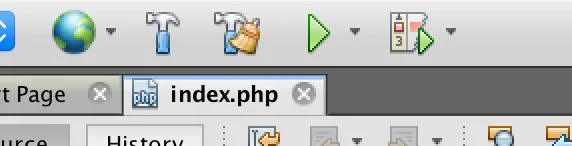 Part of the NetBeans toolbar with the green triangle Run Project button, and the editor tab index.php below it.